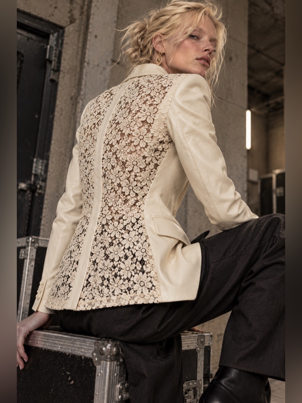 Leather Lace Blazer Lafayette 148 Stelly Ivory Jacket Sz 4